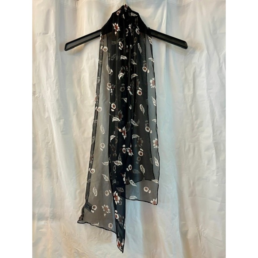 Symphony Designs Vintage 90s Black Floral 100% Silk Sheer Chiffon Ethereal Scarf